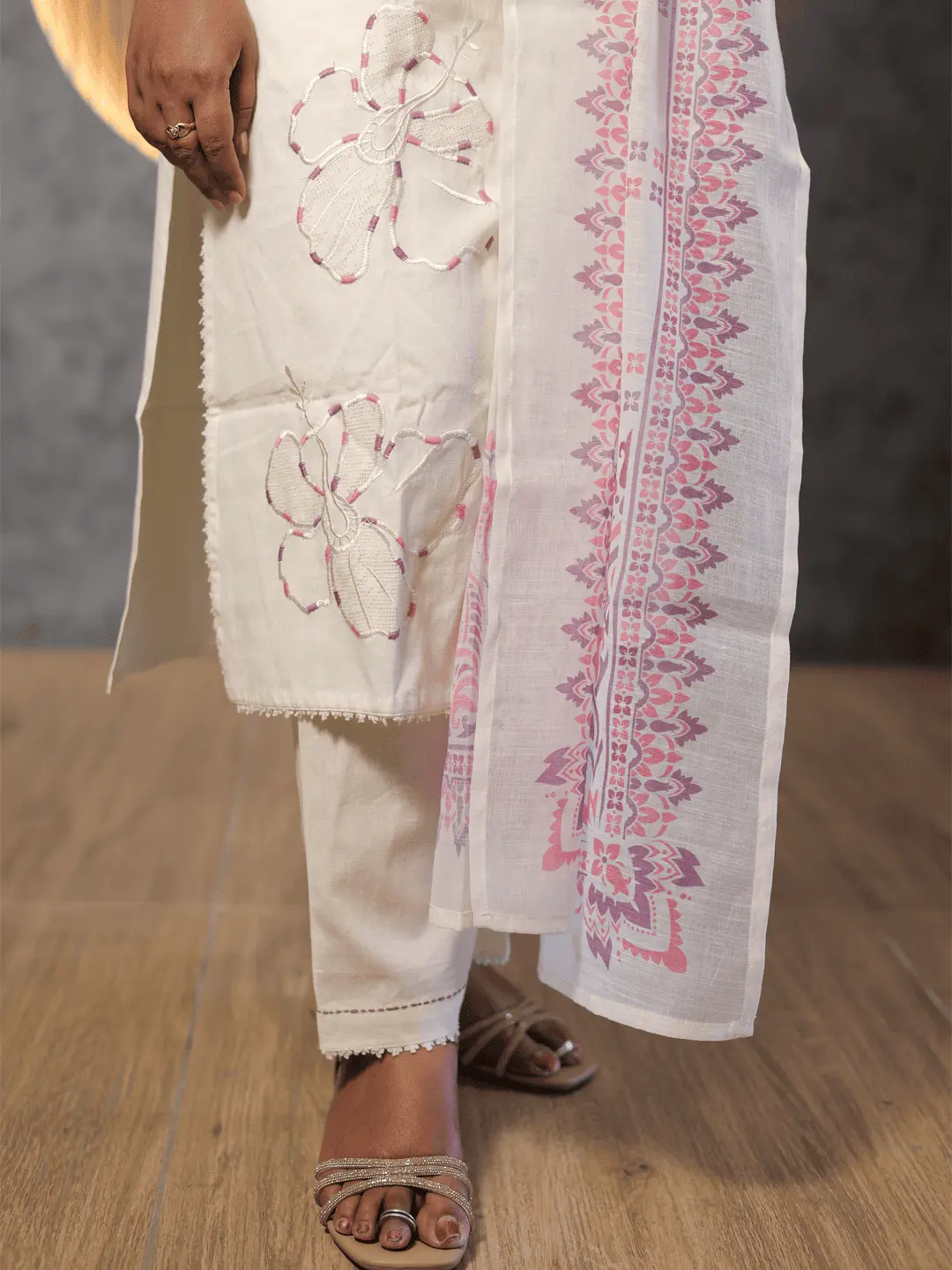 Comfy Salwar /  White/ Pink Embridery - 3PC - Image 2
