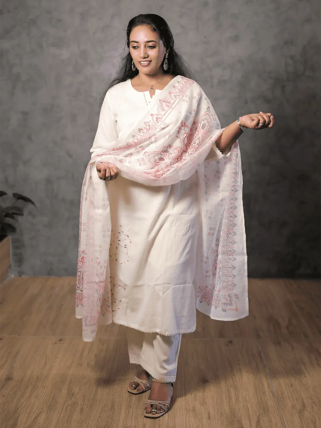 Comfy Salwar /  White/ Pink Embridery - 3PC - Image 3